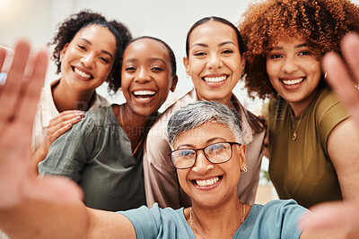 Buy stock photo Selfie, office or portrait of women taking a picture together for teamwork on workplace break. Fashion designers, faces or excited group of happy employees in a photograph for a social media memory 