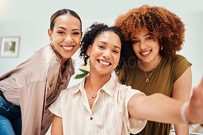 Buy stock photo Selfie, fashion designer or portrait of women taking a photograph together for teamwork on break. Workplace, smile or excited group of happy employees in a picture for a social media memory or post