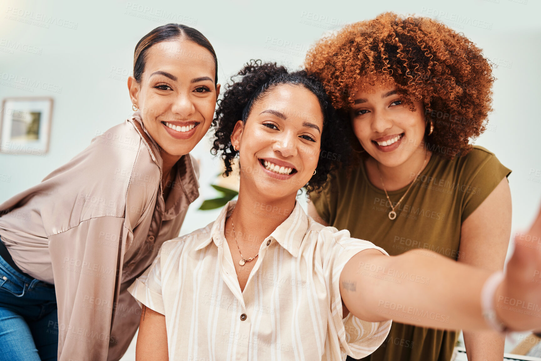 Buy stock photo Selfie, fashion designer or portrait of women taking a photograph together for teamwork on break. Workplace, smile or excited group of happy employees in a picture for a social media memory or post