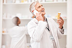 Pharmacy, phone call and man with medicine box while laughing for funny conversation. Senior person or pharmacist talking on smartphone for telehealth, consultation or customer service for product