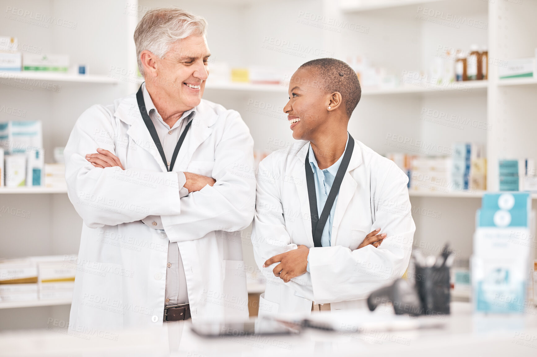 Buy stock photo Medical, smile and arms crossed for pharmacy with a team in a drugstore for healthcare or treatment. Medicine, collaboration or teamwork with a man and woman pharmacist happy a dispensary together