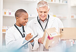 Man, woman and boxes in pharmacy for checklist, delivery schedule or stock report for medicine. Help, mentor and pharmacist team with inventory list, pharmaceutical product package with medical info.