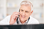 Pharmacist man, phone call and computer for medicine check on database in pharmacy. Face of senior person talking on smartphone for telehealth, consultation or customer service and stock information