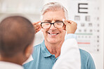 Optometrist, fitting glasses and senior man with smile, test and helping hand for healthy vision in retirement. Ophthalmologist, elderly patient and exam with lens, frame and wellness for eyesight