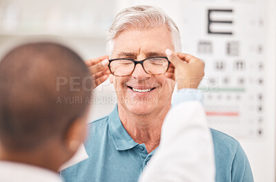 Buy stock photo Optometrist, fitting glasses and senior man with smile, test and helping hand for healthy vision in retirement. Ophthalmologist, elderly patient and exam with lens, frame and wellness for eyesight