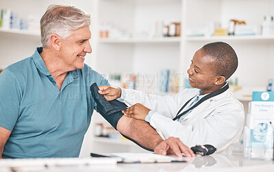 Buy stock photo Pharmacist, senior man and blood pressure check with helping hand, test and happy for healthcare in shop. Black woman, elderly patient and medical support with exam, inspection and wellness in store