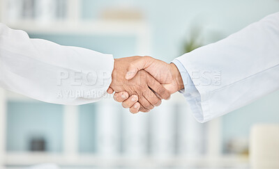 Buy stock photo Handshake, partnership and people in healthcare with trust and help, communication and introduction with welcome. Shaking hands, medical collaboration and support with thank you, agreement and team