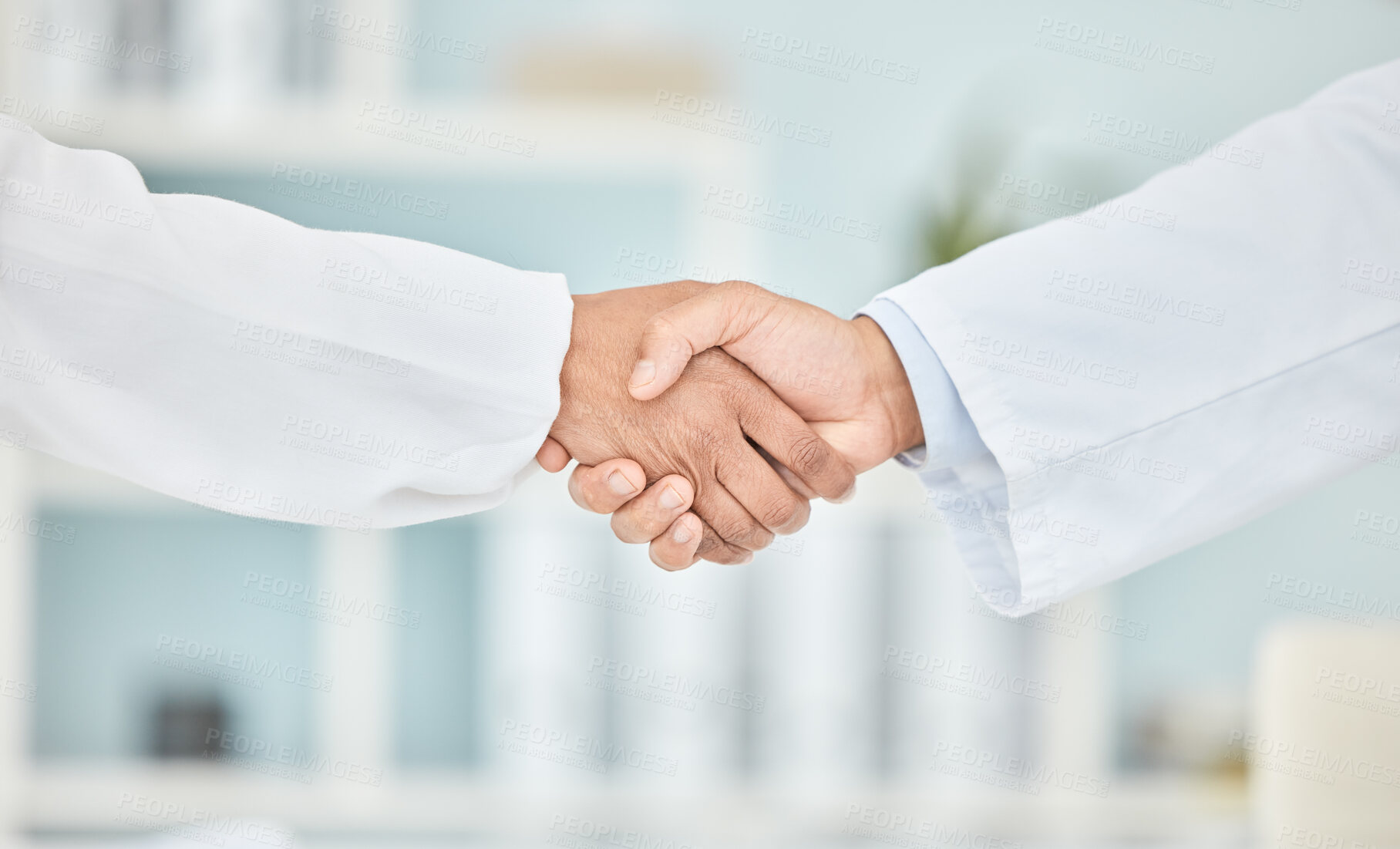 Buy stock photo Handshake, partnership and people in healthcare with trust and help, communication and introduction with welcome. Shaking hands, medical collaboration and support with thank you, agreement and team