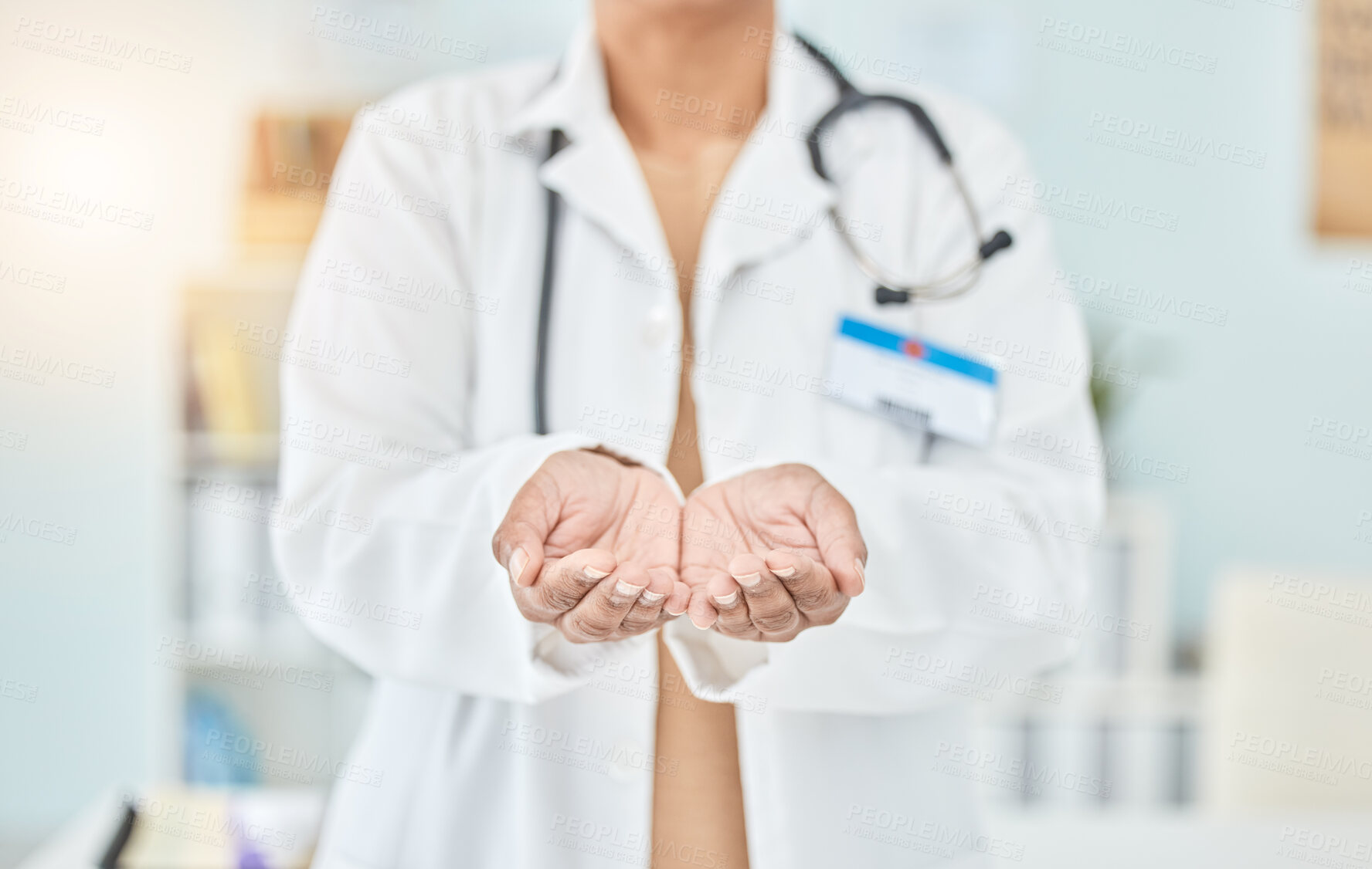 Buy stock photo Palm, healthcare and hands of a doctor for help, support or charity at a hospital. Closeup, work and a nurse or surgeon with a gesture for donation, prayer or faith at a clinic for medical trust