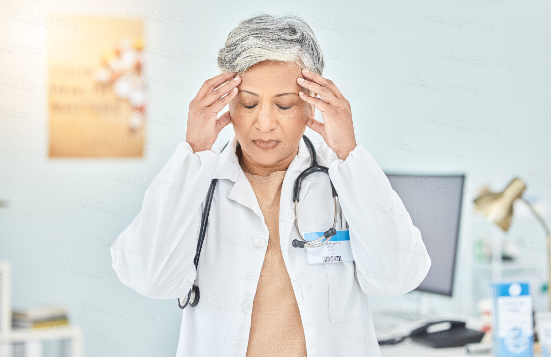 Buy stock photo Headache, stress of woman and mature doctor in hospital, burnout and fatigue. Medical professional, sick and person with migraine, pain or frustrated in healthcare crisis, mistake or challenge fail