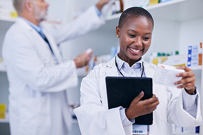 Buy stock photo Pharmacist, woman and tablet for medicine management, reading label and stock research or inventory. Happy doctor with digital technology, healthcare box or product for pharmacy services and support