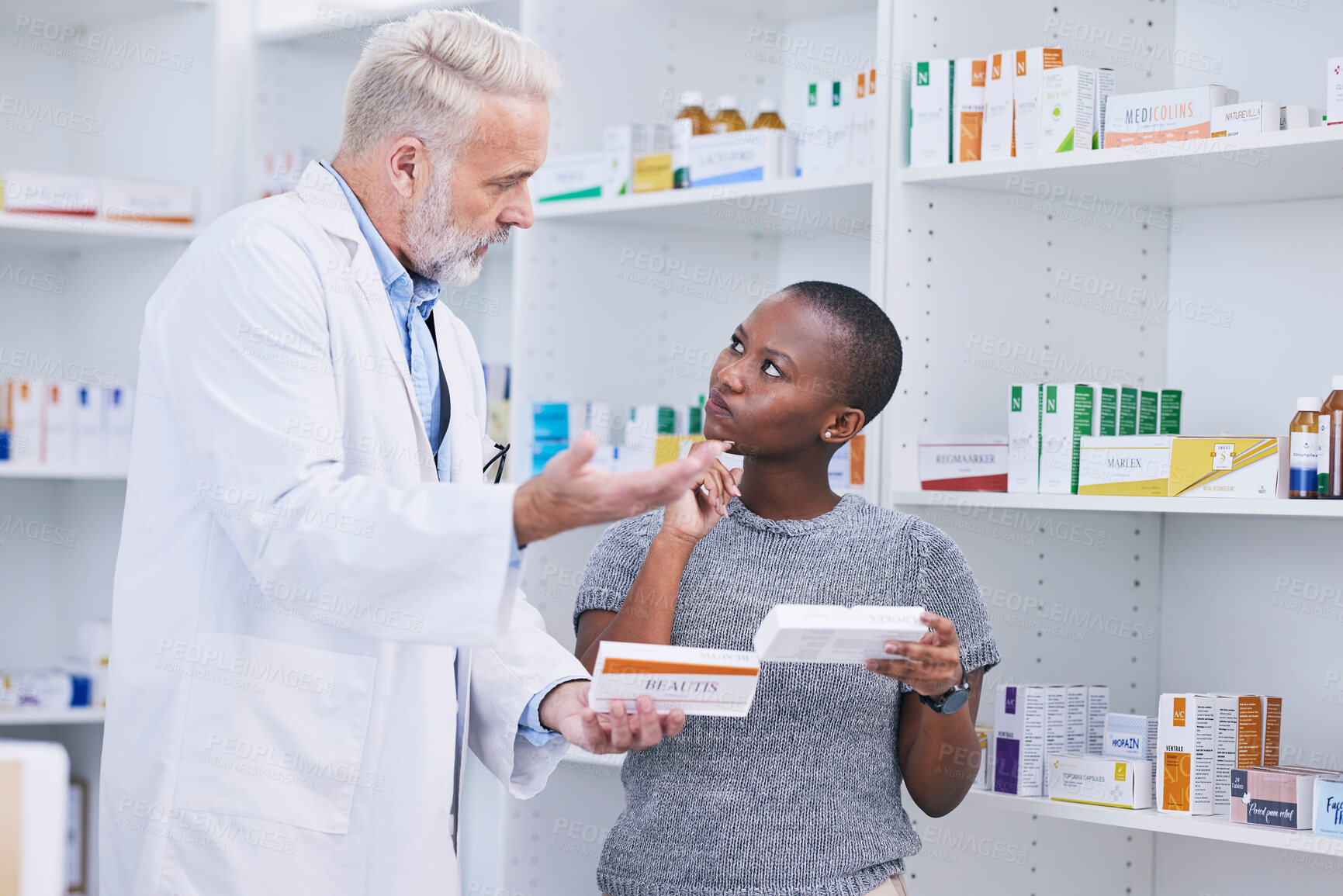 Buy stock photo Pharmacist, product choice and woman question healthcare worker on pills, medication or pharmaceutical. Pharmacy clinic, supplements and black person ask doctor recommendation on medicine decision