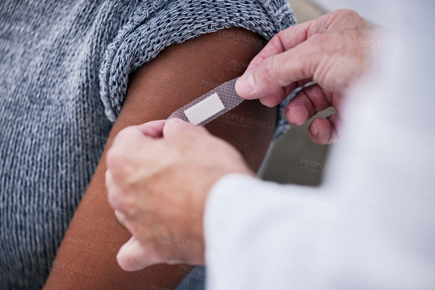 Buy stock photo Vaccine, plaster and doctor hands with patient for healthcare consultation, hospital first aid or medical support service. Pharmacy clinic nurse, closeup arm or pharmacist helping person with bandage