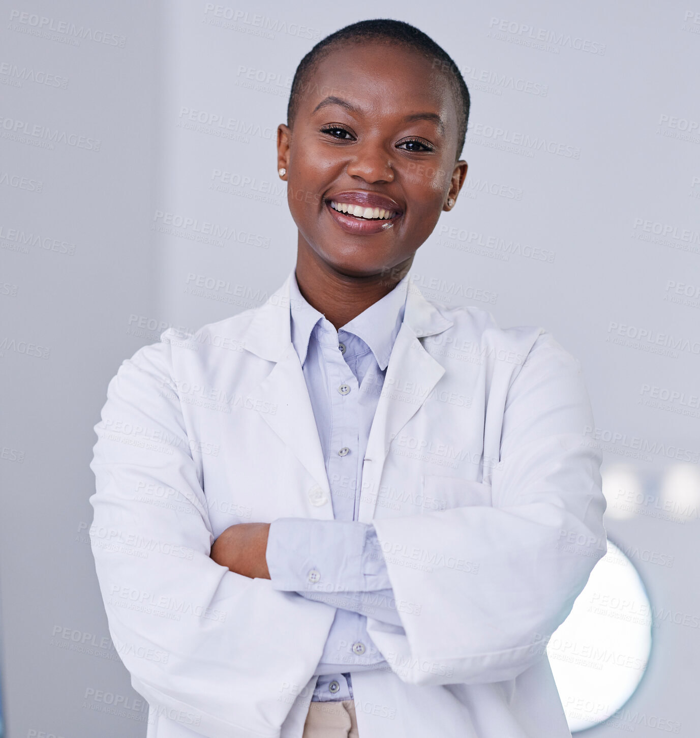 Buy stock photo Black woman, portrait and scientist with arms crossed in lab, office and confidence for research, study and phd work. Science, laboratory and African expert with innovation in biology or chemistry