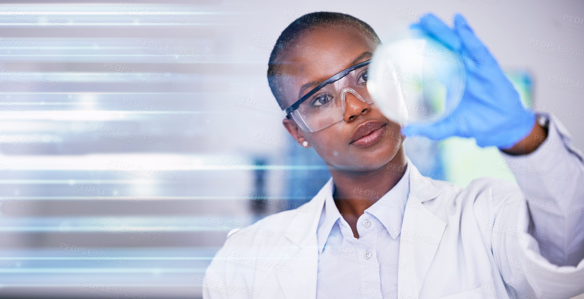 Buy stock photo Science, black woman in lab and study of nature mockup, future technology and research in biotech. African scientist, vision and laboratory innovation in pharmaceutical study, development and growth.