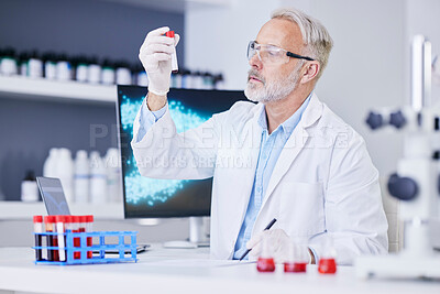 Buy stock photo Science, blood sample and man with test tube in laboratory for research, medical study and DNA exam. Healthcare, pharmaceutical and senior scientist with vial for data analysis, medicine and biology