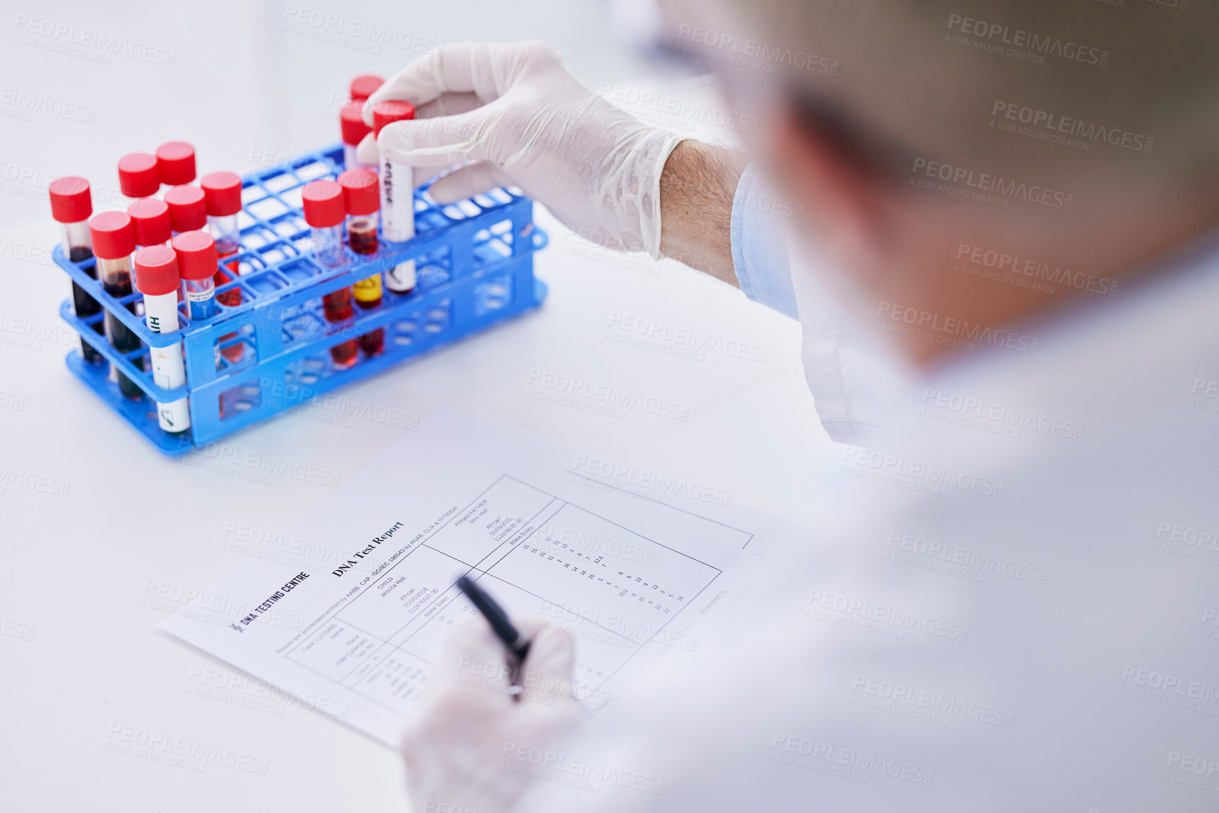 Buy stock photo Science, blood sample and hands with test tube and notes for research, medical study and DNA in lab. Healthcare, pharmaceutical and scientist with vial writing for data analysis, report or checklist