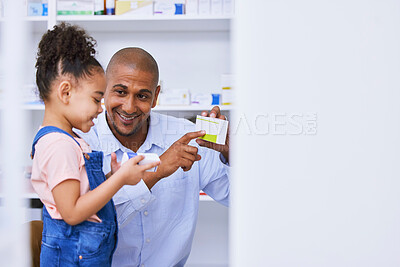 Buy stock photo Pharmacy, child and family with medication, learning and healthcare study for education. Pharmacist, father and young girl together with a smile from pharmaceutical research and kid development