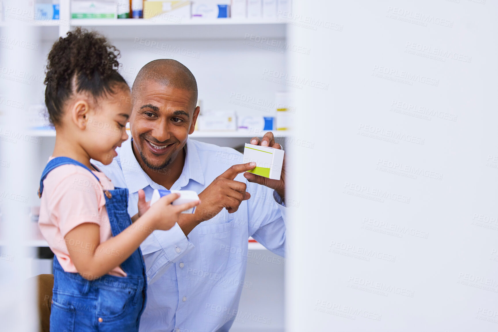 Buy stock photo Pharmacy, child and family with medication, learning and healthcare study for education. Pharmacist, father and young girl together with a smile from pharmaceutical research and kid development