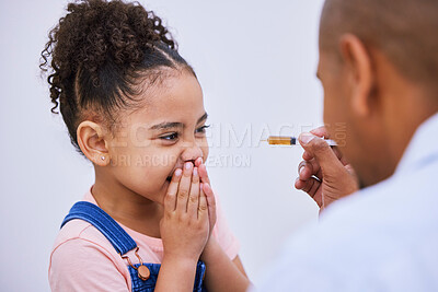 Buy stock photo Virus, syringe and disgust with child and medicine for consulting, helping and illness. Medical, healthcare and cough syrup with young girl and parent in family home for wellness, care or supplements