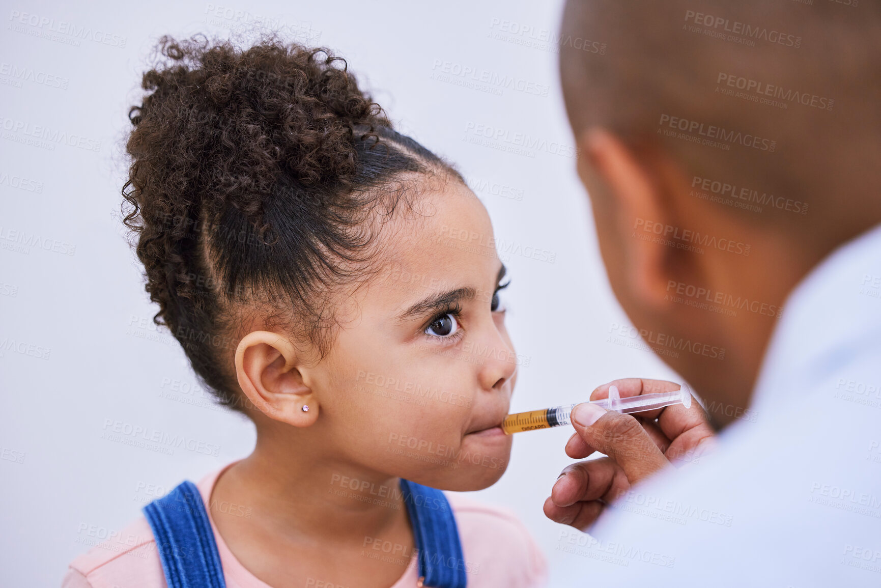 Buy stock photo Help, syringe and consulting with child and medicine for pharmacy, virus and illness. Medical, healthcare and cough syrup with young girl and parent in family home for wellness, care or supplements