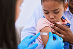 Doctor, dad and kid with plaster for vaccine, flu shot or medicine injection in clinic or hospital. Father, girl with bandage and pediatrician in office for vaccination, consultation and child care.