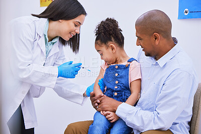 Buy stock photo Kid, dad and woman doctor with syringe for vaccine, flu shot or medicine injection in clinic or hospital. Father, girl and pediatrician in office with needle, vaccination and child care consultation