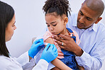 Doctor, father and child with plaster for vaccine, flu shot or medicine injection in clinic or hospital. Dad, girl with bandage and pediatrician in office for vaccination, consultation and healthcare