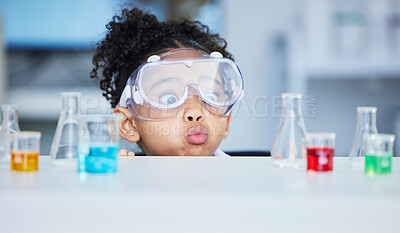 Buy stock photo Science, learning and surprise with child in laboratory for experiment, education and research. Future, funny and knowledge with face of young girl and chemicals for results, medicine and analysis