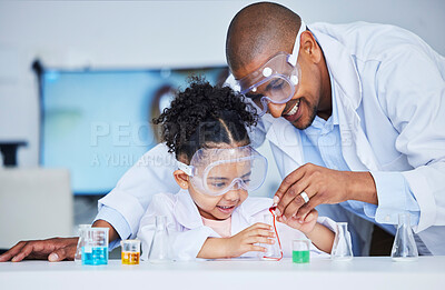 Buy stock photo Science, help and a child and father with liquid for a chemistry experiment or education. Happy, together and a man, scientist or dad with a girl kid and water for a physics project for research