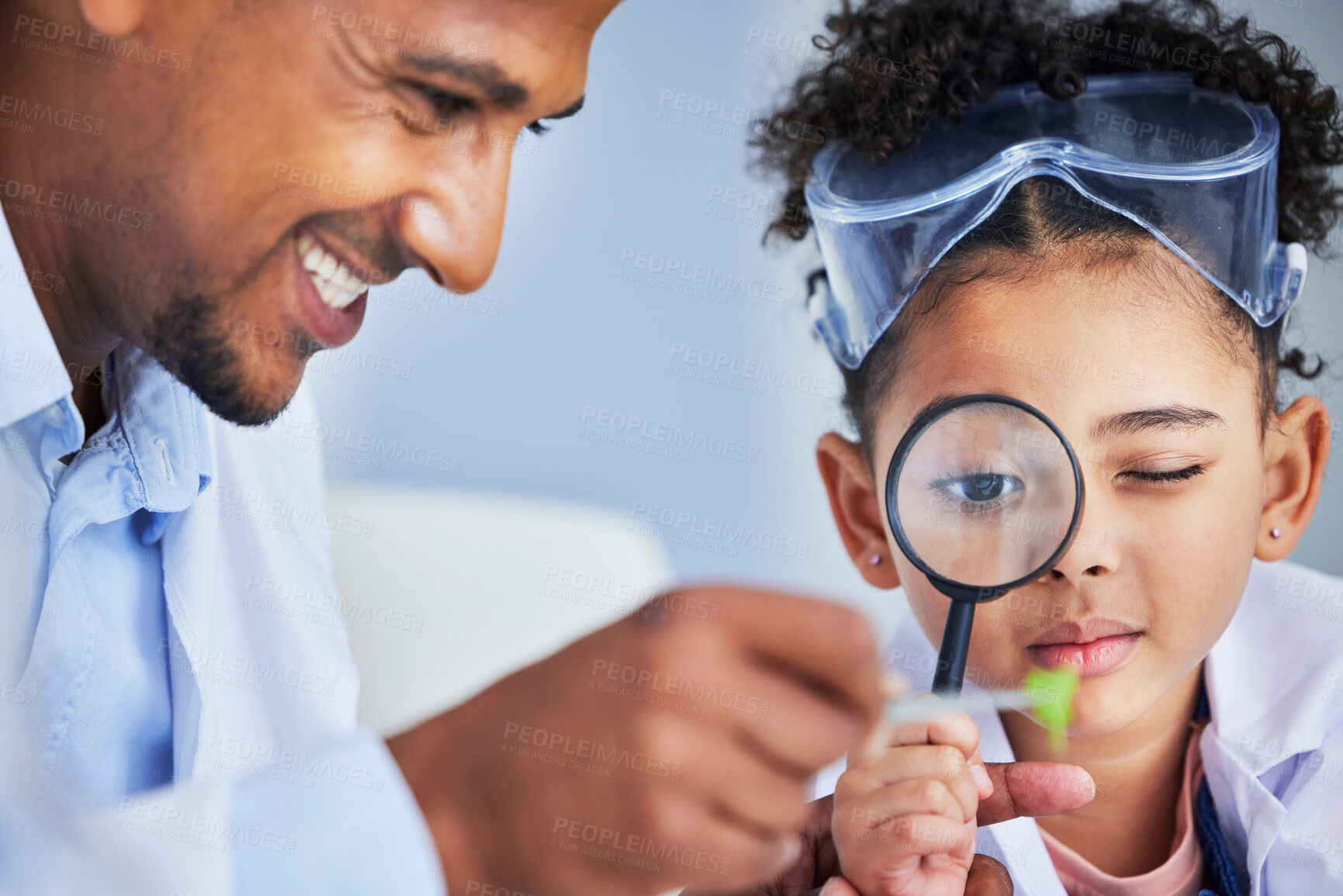 Buy stock photo Lab test, father and child with magnifying glass for learning, research and science study. Scientist, student and chemistry project with a happy dad and young girl with medical and laboratory analysis
