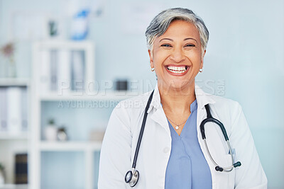 Buy stock photo Smile, doctor and space with portrait of woman in hospital for consulting, medical and pharmacy. Healthcare, medicine and happy with mature person in clinic for wellness, therapist and life insurance