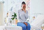 Black woman, sick and throat infection on bed at hospital waiting for doctor in checkup, visit or appointment. Frustrated African female person or patient with sore neck, virus or cough at the clinic