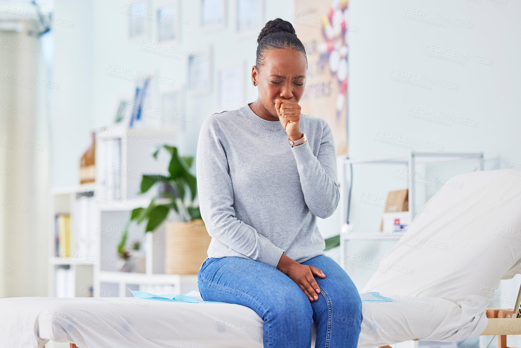 Buy stock photo Black woman, sick and throat infection on bed at hospital waiting for doctor in checkup, visit or appointment. Frustrated African female person or patient with sore neck, virus or cough at the clinic