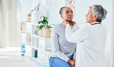 Buy stock photo Doctor, patient and feel throat in hospital of a black woman with virus, pain or infection. Health care worker and sick person check glands or sore neck for thyroid, tonsils or medical lymph nodes