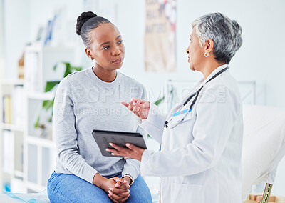 Buy stock photo Doctor, woman and tablet for hospital, healthcare advice and support for results, exam and test on bed. Senior expert or medical people on digital tech for clinic sign up, registration and consulting