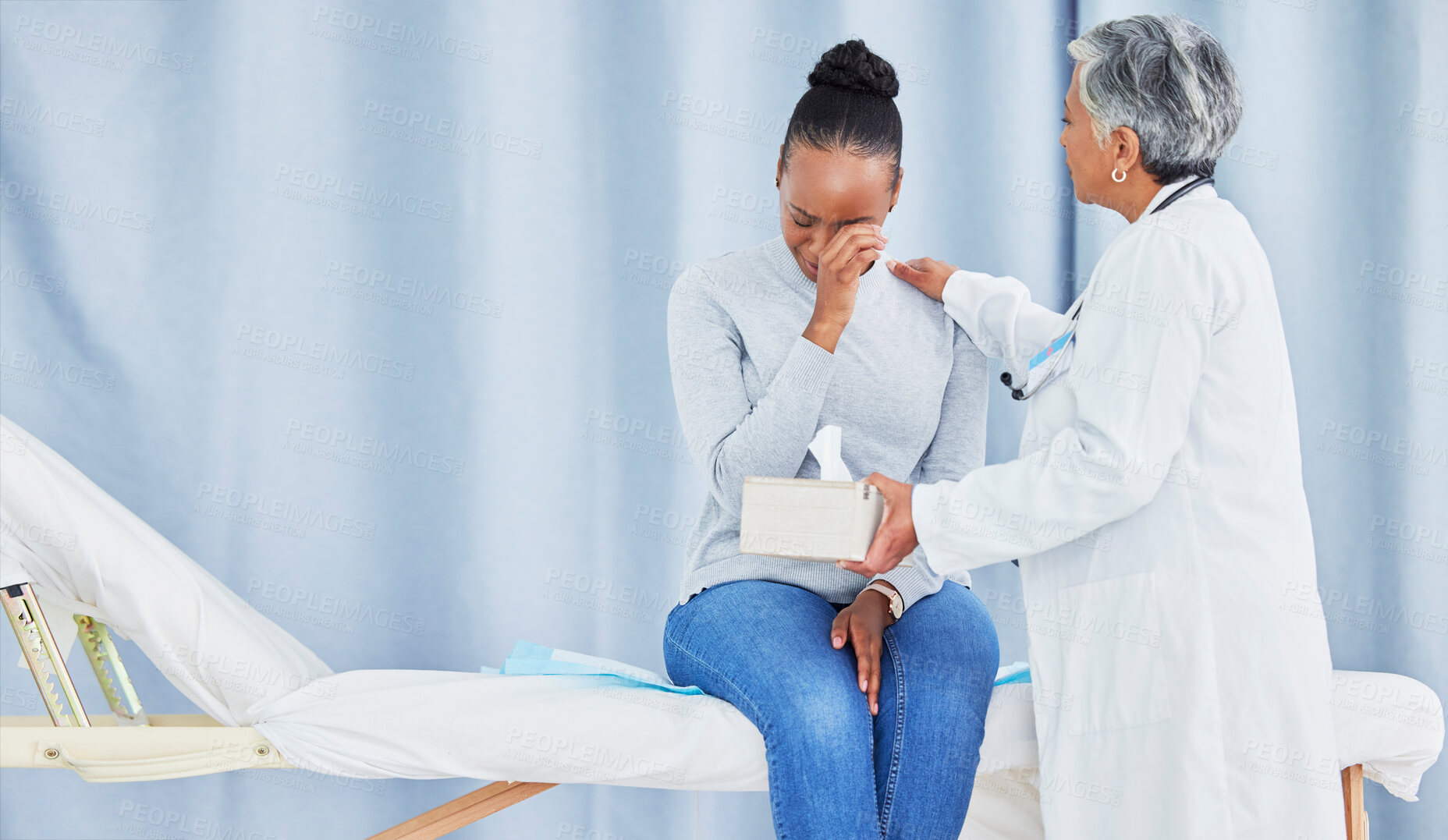 Buy stock photo Doctor, patient and sad talk about hospital results of a black woman with tissue, support and cancer. Health care worker and sick person with bad news or conversation or crying with help and empathy