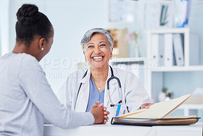 Doctor, women and folder for healthcare consulting, hospital services and patient history, charts or results. Senior nurse and medical documents or files for office, clinic info and health insurance