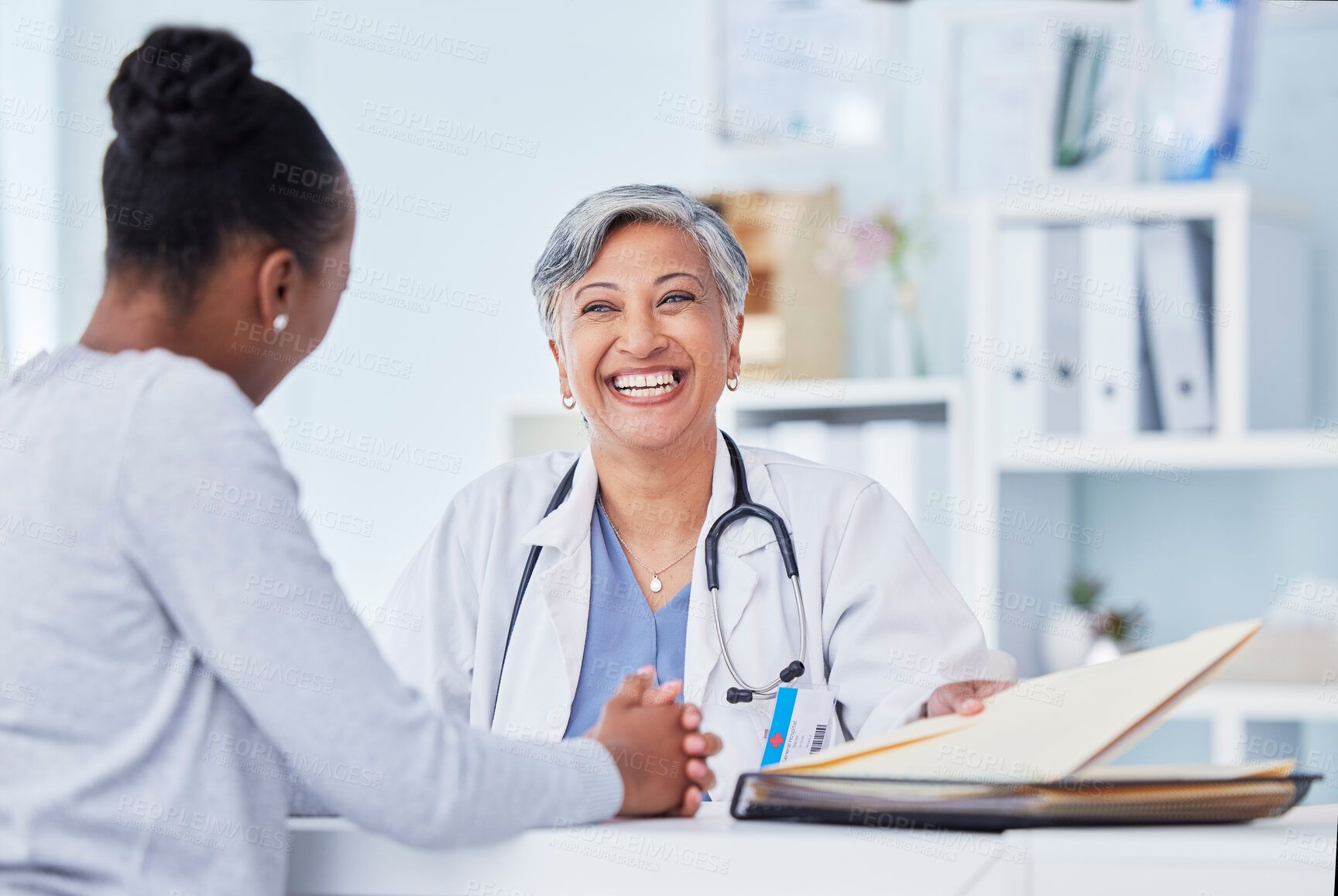 Buy stock photo Doctor, women and folder for healthcare consulting, hospital services and patient history, charts or results. Senior nurse and medical documents or files for office, clinic info and health insurance