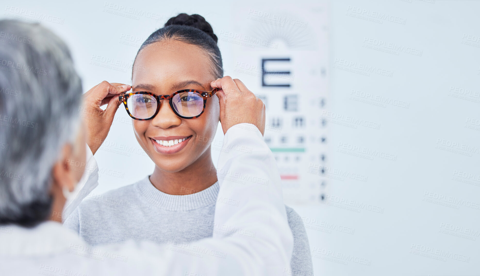 Buy stock photo Vision, glasses choice and optometrist with black woman patient, healthcare and prescription lens with frame at clinic. Eye care, exam and diagnosis with assessment, health and wellness with help