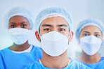 Surgeon group, face mask and people in hospital, healthcare and wellness expert in clinic. Portrait, doctor and medical professional team, nurse worker and confident surgery employee in ppe scrubs