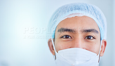 Buy stock photo Face mask, surgeon and man in hospital in studio isolated on a white background mockup space. Portrait, doctor and medical professional nurse, healthcare worker and confident surgery employee in ppe.