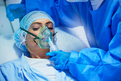 Buy stock photo Surgery, anesthesia and doctor with woman with oxygen mask for medical service, operation and procedure. Healthcare, hospital and surgeons with gas, breathing and ventilation equipment for patient