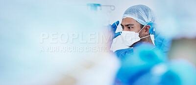 Buy stock photo Surgeon, face mask and hospital doctor in ICU for healthcare, medical and clinic work. Prepare, surgery and working in operating room with hygiene and safety protection for wellness with mockup space