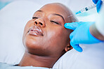 Plastic surgery, injection and black woman on a hospital bed with dermatology with mockup space. Surgeon, facial change and medical filler for skincare, syringe and wellness in a clinic with doctor