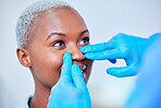 Doctor hands, woman and rhinoplasty for nose job, cosmetics and aesthetic transformation or change. Medical, surgeon and plastic surgery of african patient or client face, dermatology help or support