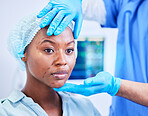 Black woman, patient and hands, plastic surgery and face with doctor, health and medical consultation with beauty. Help, medicine and cosmetic procedure, exam and healthcare with people at hospital