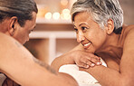 Romance, massage and couple relax in spa for holiday, vacation and anniversary celebration. Retirement, luxury resort and mature man and woman in salon for beauty, therapy and skincare treatment