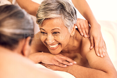 Buy stock photo Spa, relax and couple on massage table for luxury, resort and vacation with stress relief, zen and anniversary. People, mature man and senior woman with happiness, holiday and body care with wellness