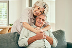 Portrait, smile or old couple hug in house living room bonding together to relax on holiday for love. Support, happy or senior man in retirement with a mature woman with trust or care in marriage